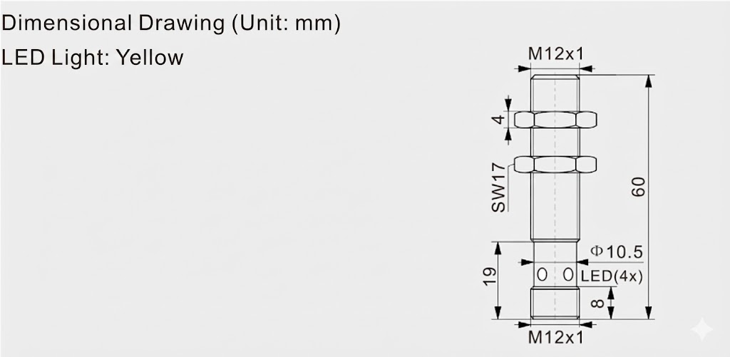 M12/L=60mm Hall effect magnetic proximity sensor - NPN/PNP (all polarity) M12/L=60mm Hall effect magnetic proximity sensor - NPN/PNP (all polarity)